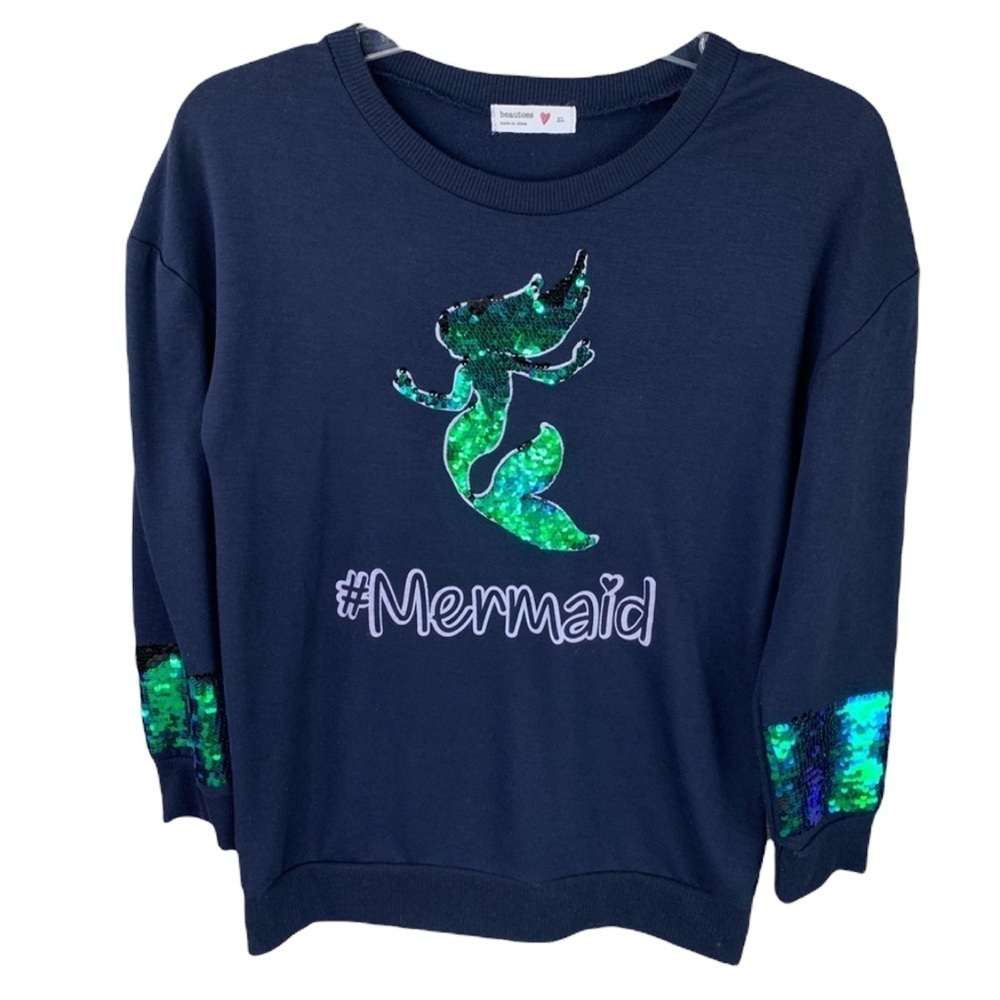 Beautee Sequined # Mermaid Navy Crew Sweatshirt Girls X Large